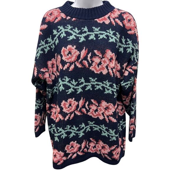 Privite eye Sweaters - Vintage 80s Private Eye Pink Rose Floral Knit Sweater Cottagecore Slouchy Y2K M